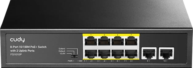 Switch 8-portësh PoE+ FS1010P me 2 porta uplink, 120W, i zi