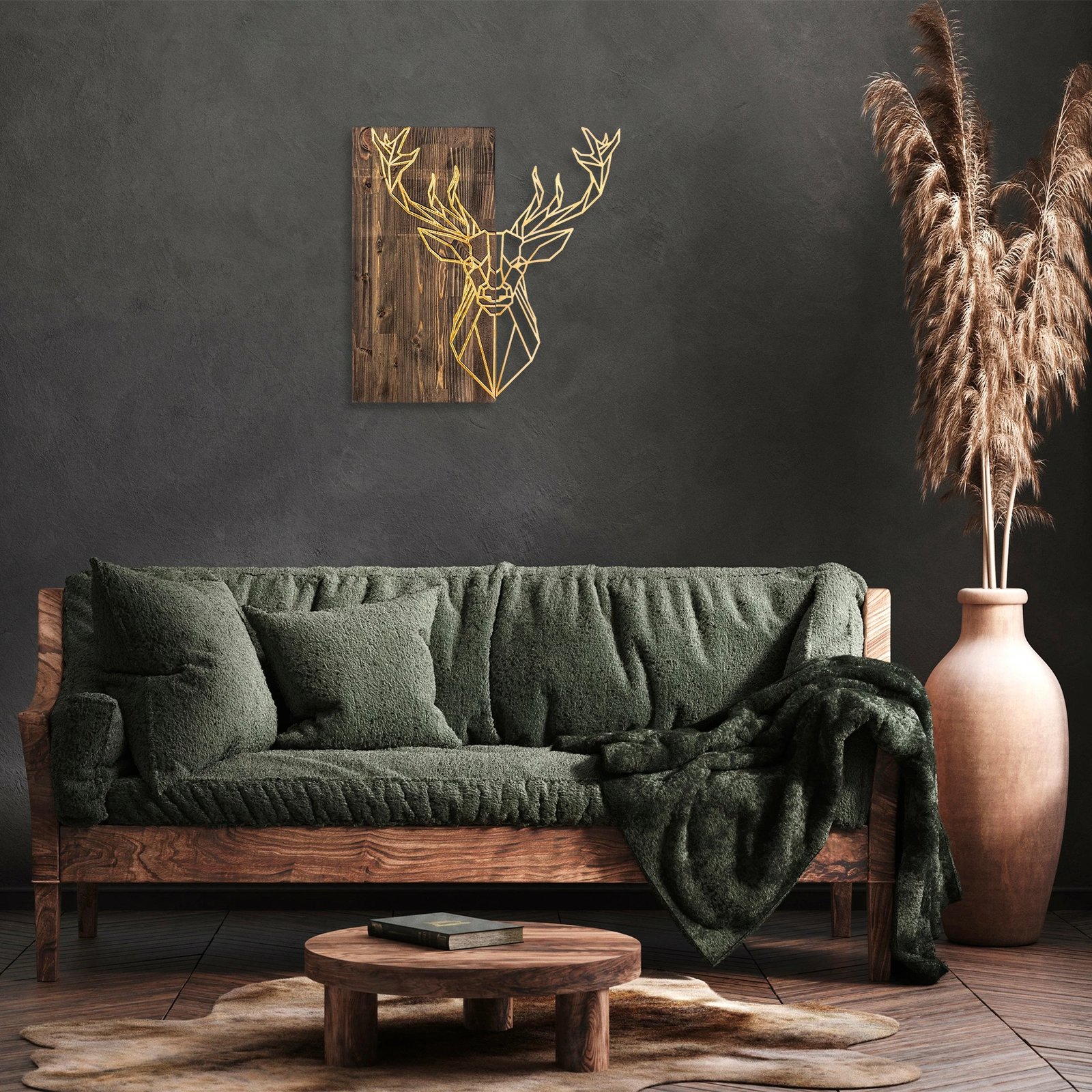 Aksesor dekorativ për mur, dru dhe metal, dizajn dreri, ngjyrë arre dhe ari, 56x58cm