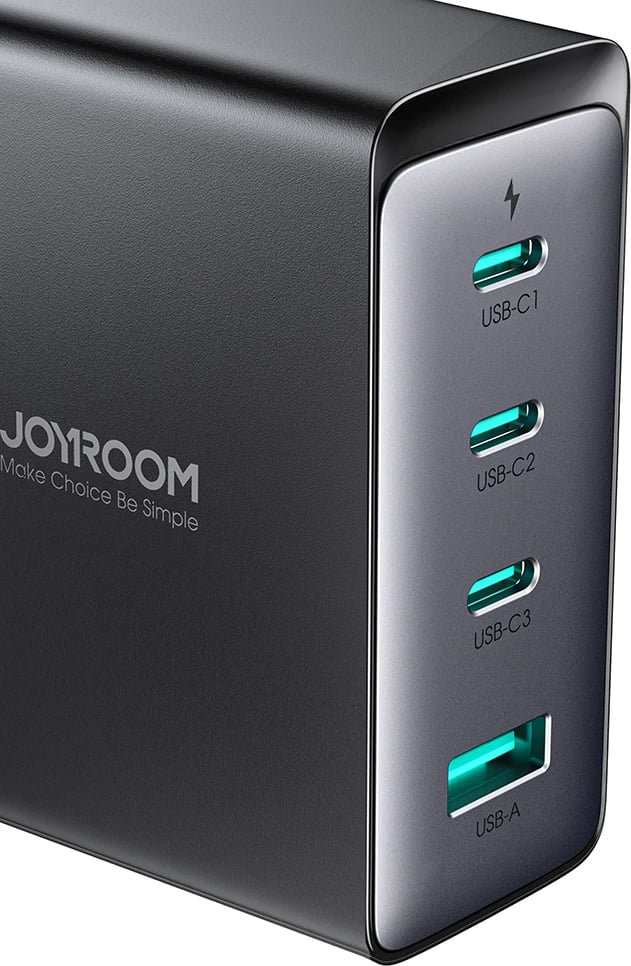 Karikues mur Joyroom JR-TCG05UK GaN, 140W, 3x USB-C, 1x USB-A, me kabllo USB-C/USB-C 240W 1.2m, i zi