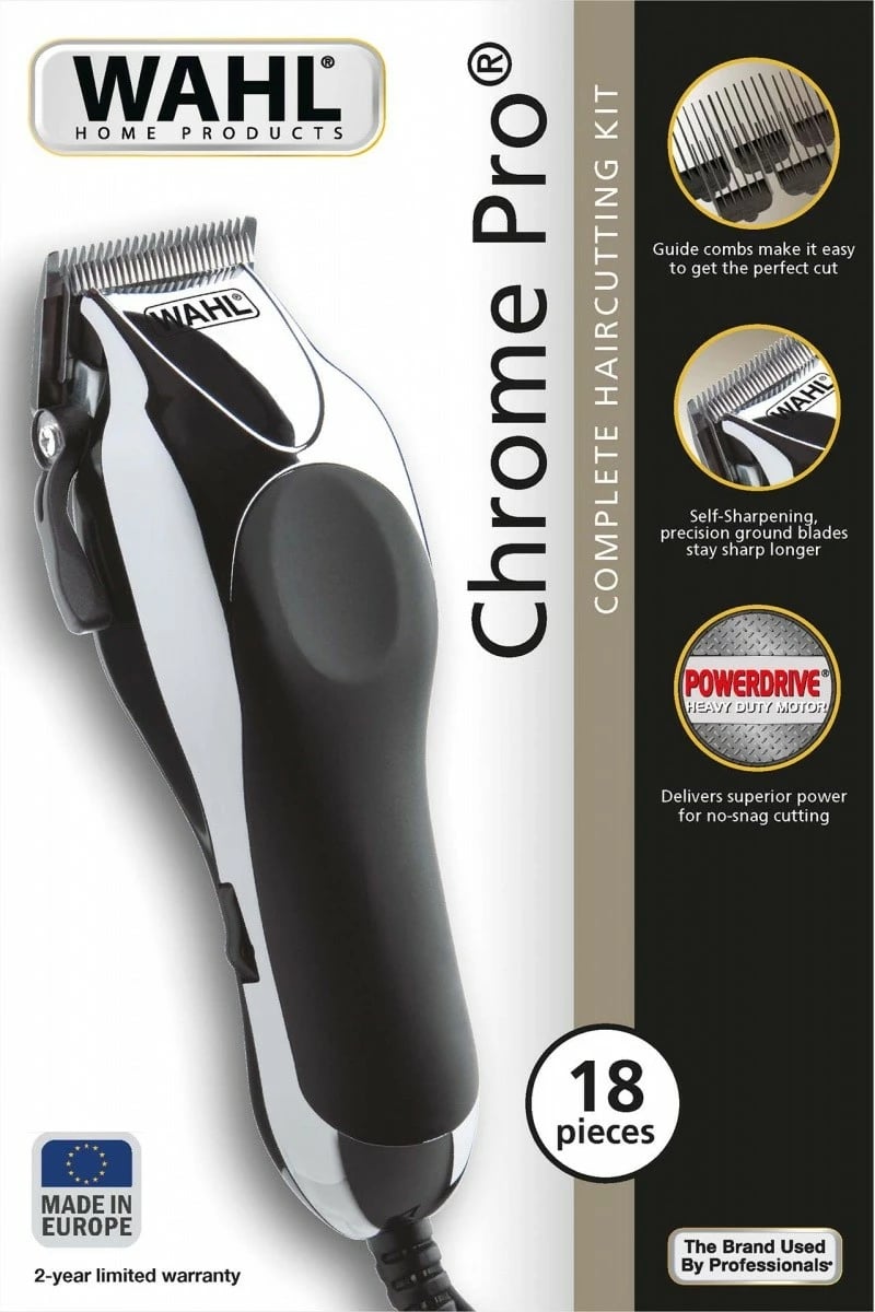 Makinë rroje flokësh Wahl Chrome Pro 20103-0460, e zezë/argjendtë, me kabllo, set aksesorësh