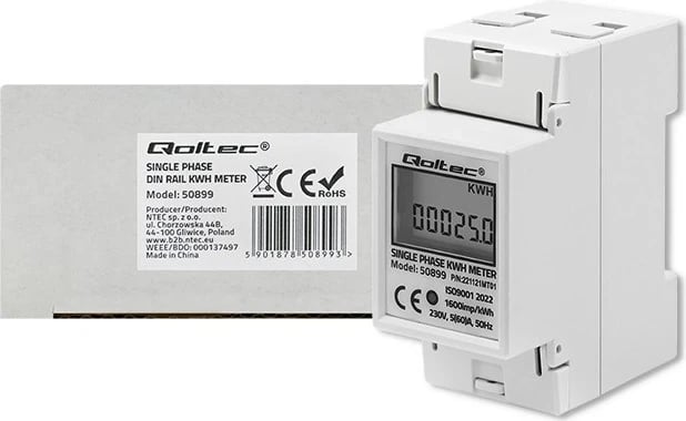 Qoltec 50899 Matësi elektronik njëfazor i konsumit të energjisë | 230 V | LCD | 2P | Hekurudhor DIN