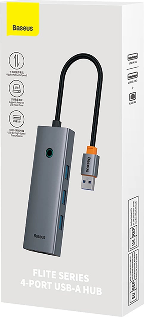 Kasë USB Hub Baseus UltraJoy 4in1, 3x USB-A 3.0 + RJ45, Gri