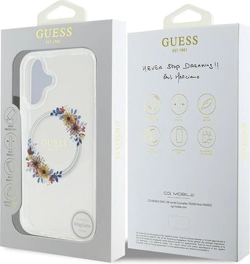 Mbështjellës Guess Flowers Wreath MagSafe për iPhone 16, Transparent