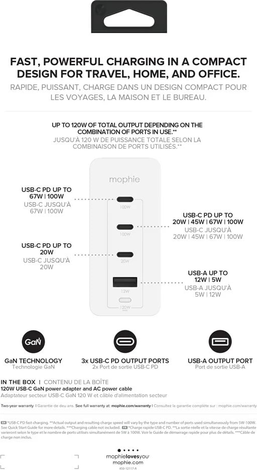 Adapter muri mophie USB-C PD HUB 120W GaN, 3x USB-C + 1x USB-A, Bardhë, EU