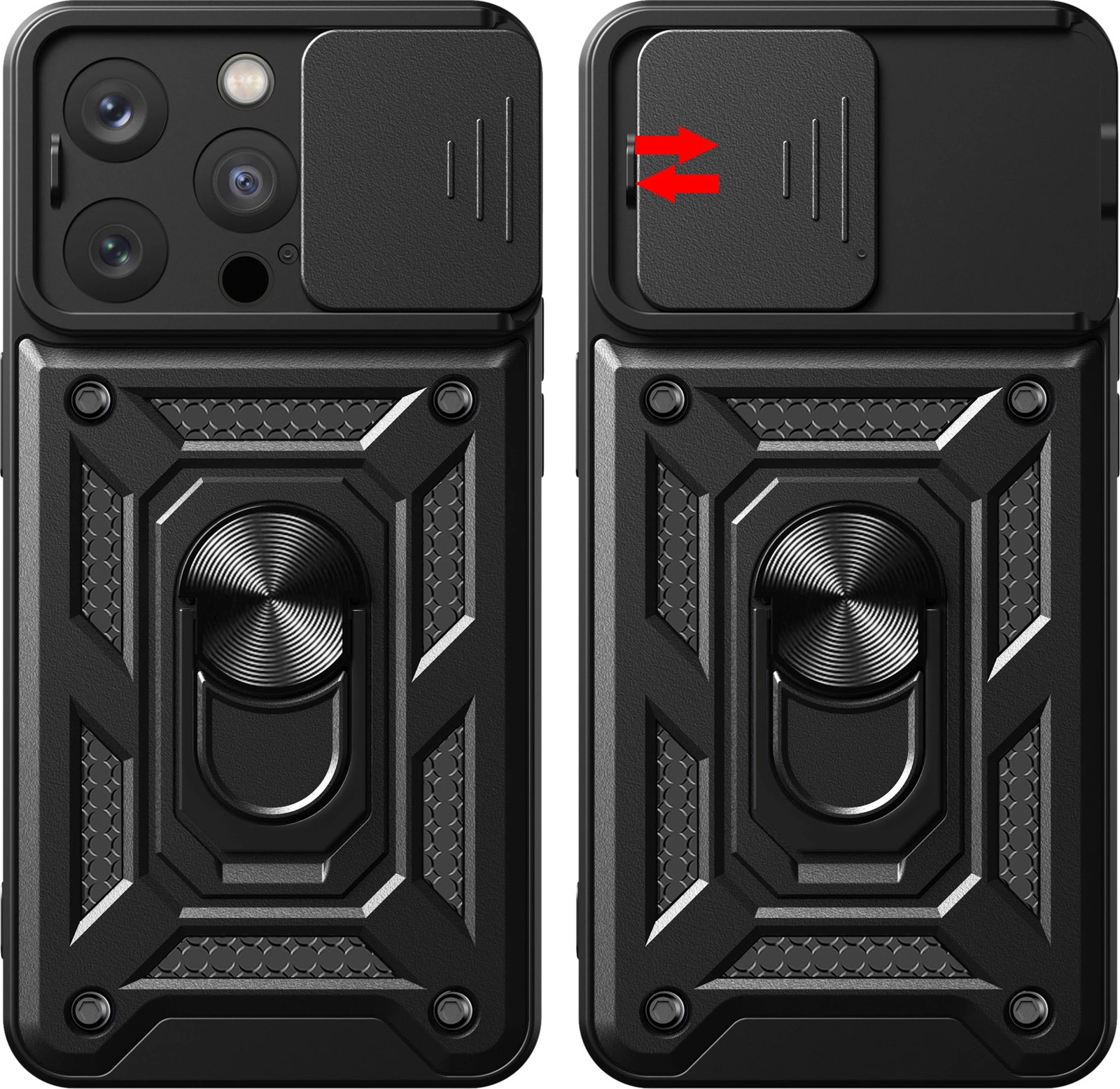 Mbështjellës Hurtel Armor Camshield me stand dhe mbulesë kamere për iPhone 15 Pro Max, i zi