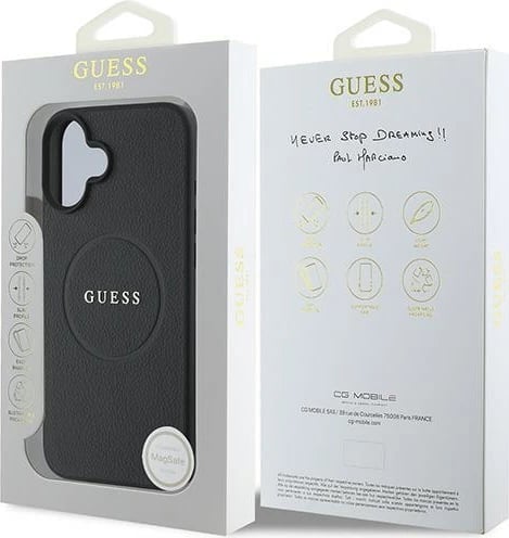 Mbështjellës Guess Grained Gold Ring MagSafe për iPhone 16 Plus, i zi