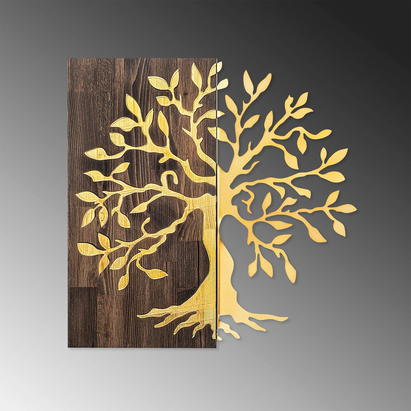 Dekor druri për mur, motiv peme, ngjyrë arre dhe ari, Wallity, 58x58cm