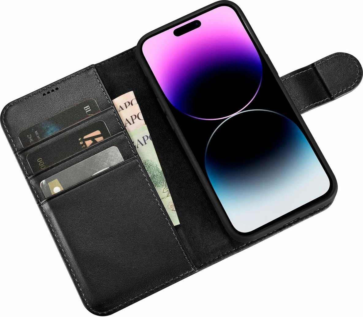 Mbështjellës iCarer Wallet Case 2in1 për iPhone 14 Pro, lëkurë natyrale, Anti-RFID, e zezë