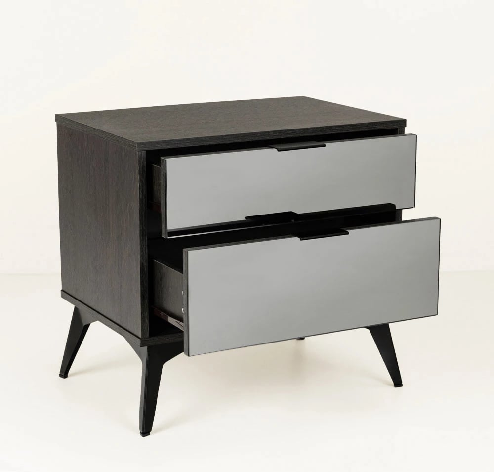 Komodinë nate Specchio, 2 sirtarë, ngjyrë lisi e zezë, pasqyrë, 58x39x55