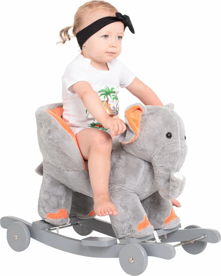Lodër lëkundëse 2-në-1 me rrota dhe melodi, PLAYTO, Elephant, sedilje ergonomike, deri 30 kg, gri