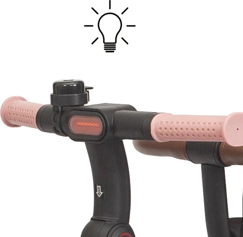 tricikël fëmijësh, Milly Mally Twinkle, sedilje rrotulluese 180°, timon prindëror i rregullueshëm, dritë LED, 12+ muaj, rozë