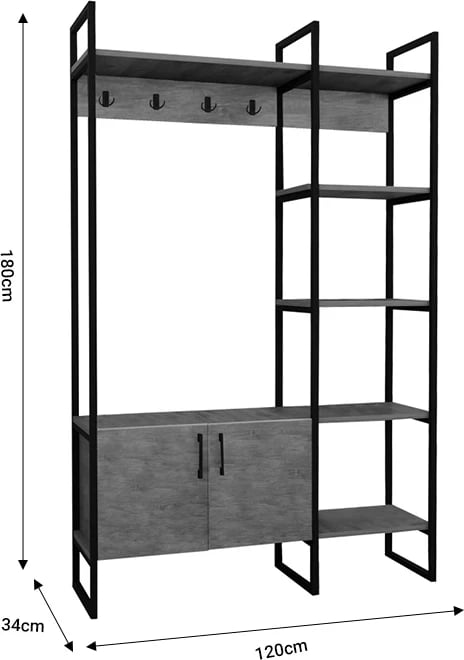 Mobilje hyrëse Thoj, melaminë ngjyrë lisi, metal i zi, 120x34x180cm