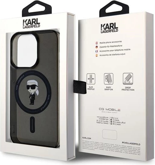 Mbështjellës Karl Lagerfeld IML Ikonik MagSafe për iPhone 15 Pro, i zi