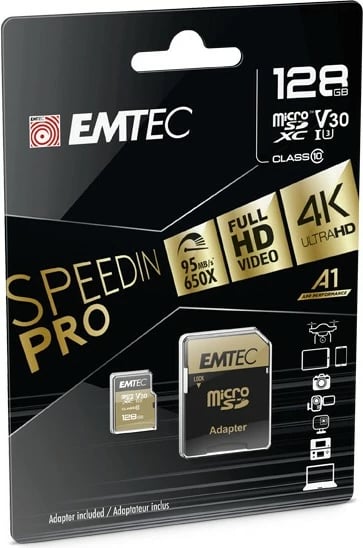 MicroSDXC EMTEC SpeedIN PRO 128 GB, Class 10, UHS-I, V30, e zezë/ari