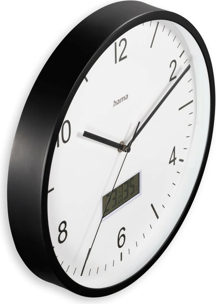 Orë muri, Hama, 185887, 30 cm, radio-kontroll DCF, mekanizëm i qetë, higrometër/termometër, xham, AA, e zezë/e bardhë