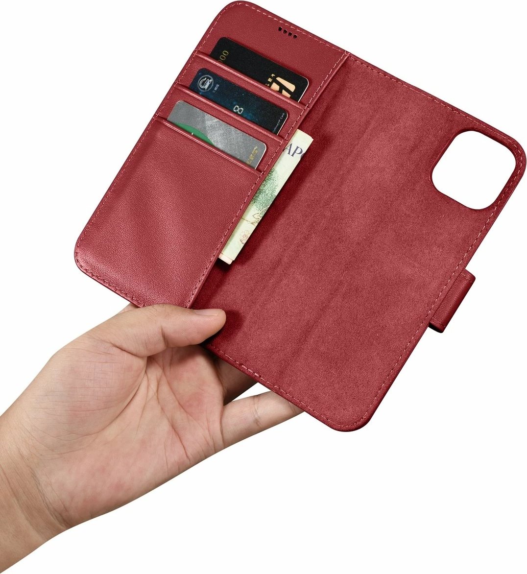 Mbështjellës iCarer Wallet Case 2in1 për iPhone 14 Plus, lëkurë natyrale, Anti-RFID, Kuq