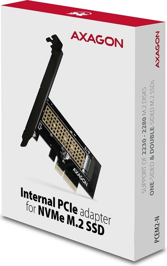 Adapter PCIe AXAGON PCEM2-N për SSD M.2 NVMe, me kapak standard dhe low-profile, i zi