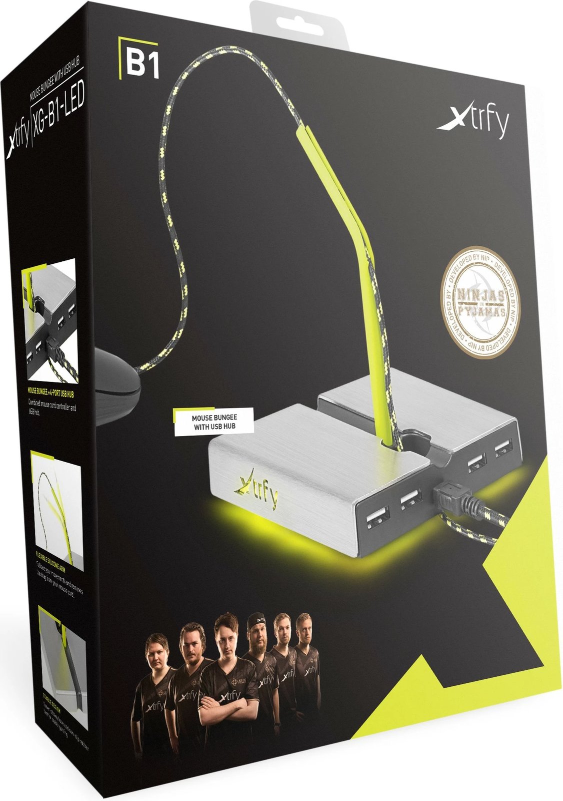 Mouse bungee Cherry Xtrfy B4 me LED, 4 porta USB, argjendtë/verdhe
