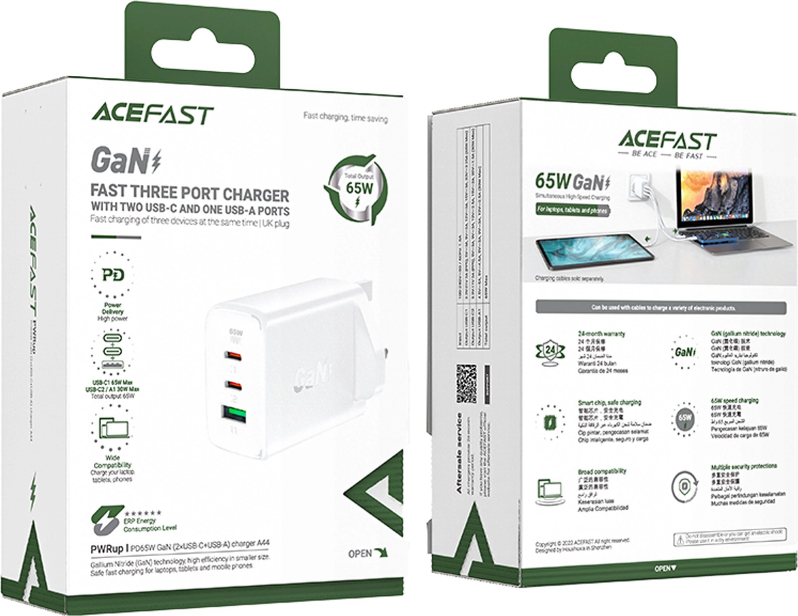 Karikues muri Acefast A44, 65W, 3 porta (2xUSB-C, 1xUSB-A), GaN, prizë UK, Bardhë