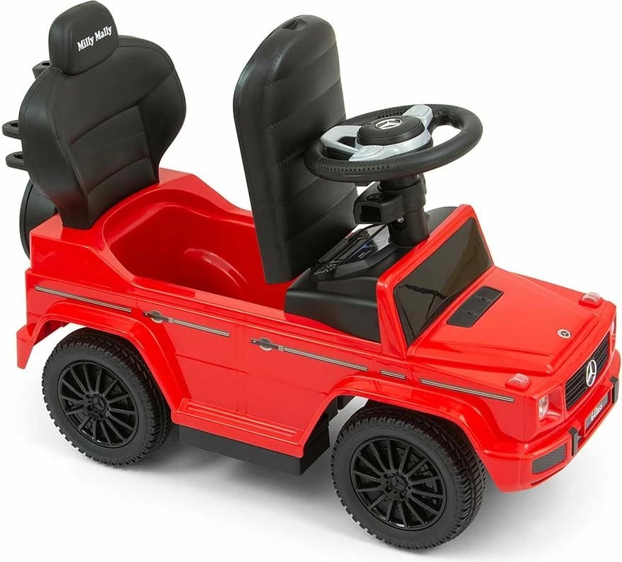 makinë ride-on me guidë, Milly Mally Mercedes G350d, 12–36 muaj, deri 25 kg, tinguj me 2xAA, sedilje me hapësirë poshtë, e kuqe