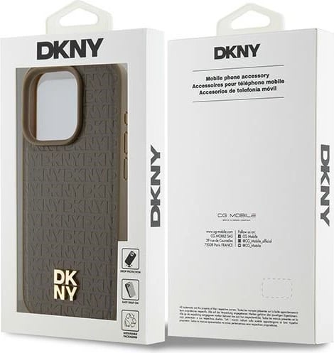 Mbështjellës DKNY Leather Monogram Pattern Metal Logo MagSafe për iPhone 15 Pro, Kafe