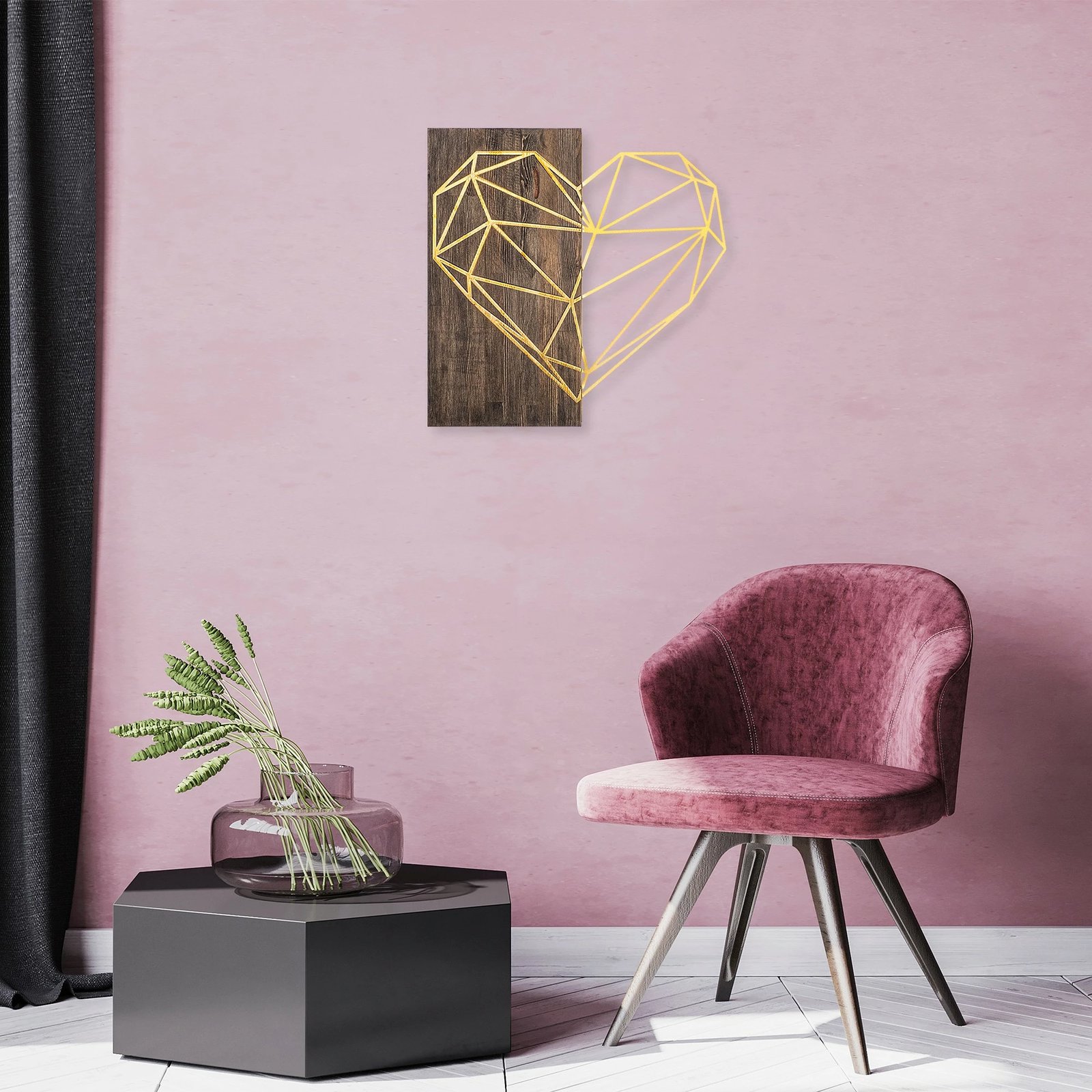 Aksesor muri dekorativ prej druri, Wallity, zemër, ngjyrë ari