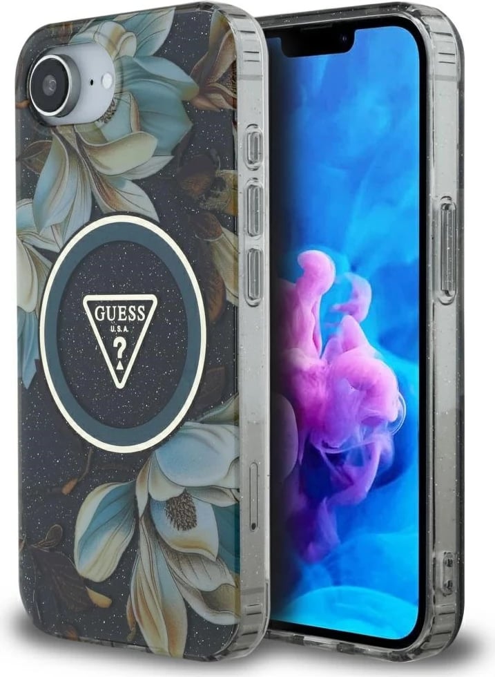 Mbështjellës Guess IML Metal Glitter Flowers Triangle MagSafe për iPhone 16e, zi