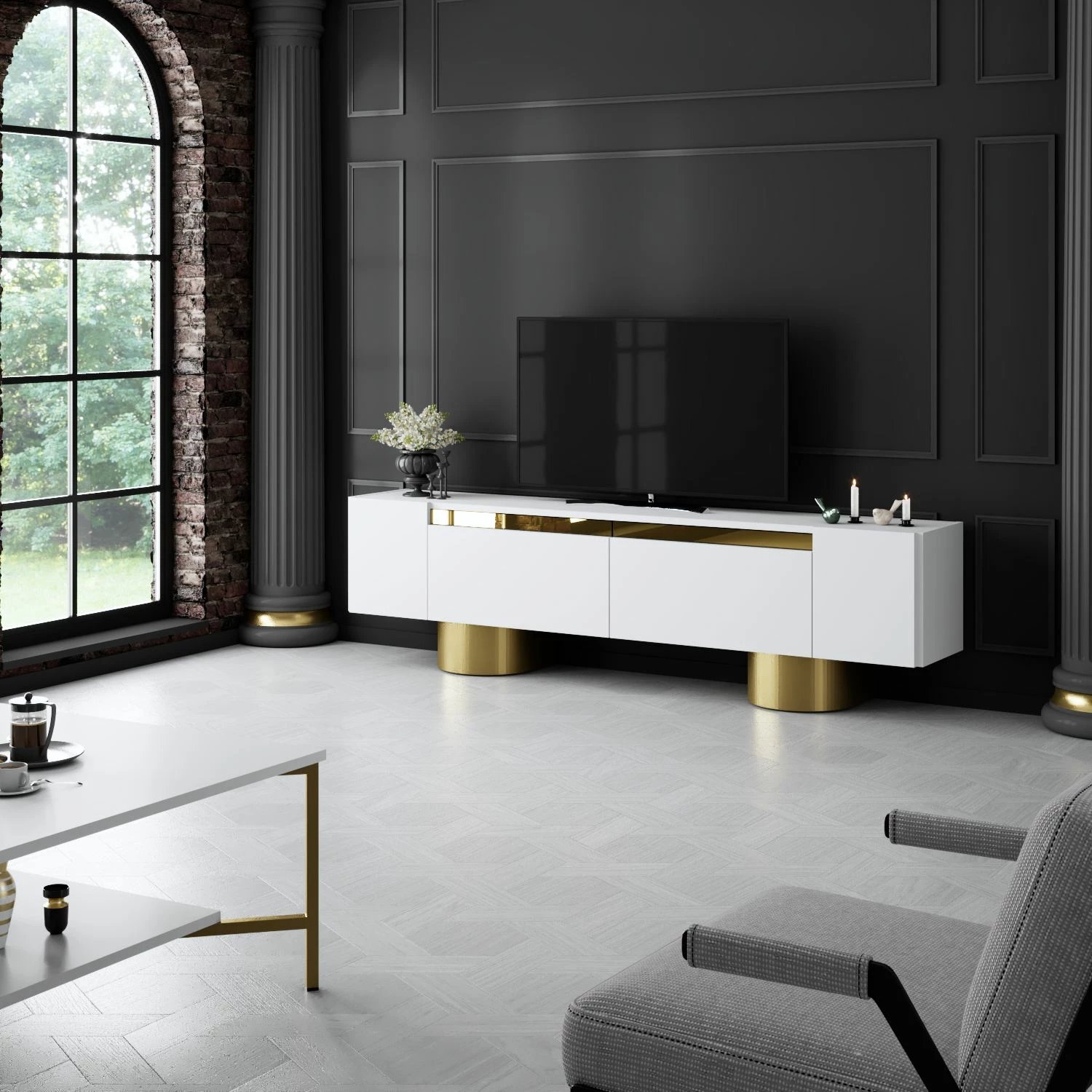 Komodë TV Hanah Home, Bohem, e bardhë dhe ari