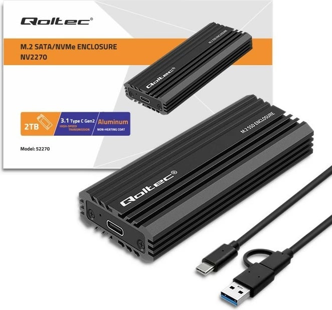 Kasë Qoltec NV2270 për SSD M.2 SATA/NVMe, USB-C, 2TB, e zezë