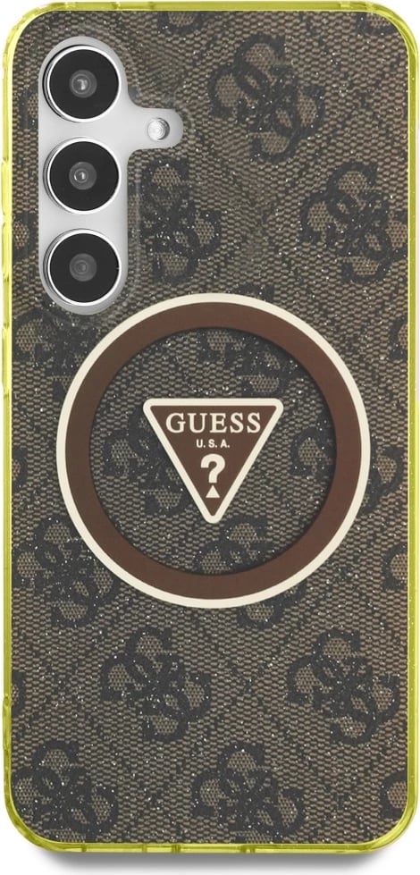 Mbështjellës Guess 4G Glitter Triangle Buttons MagSafe për Samsung Galaxy S25, Kafe Mbështjellës Guess 4G Glitter Triangle Buttons MagSafe për Samsung Galaxy S25, Kafe