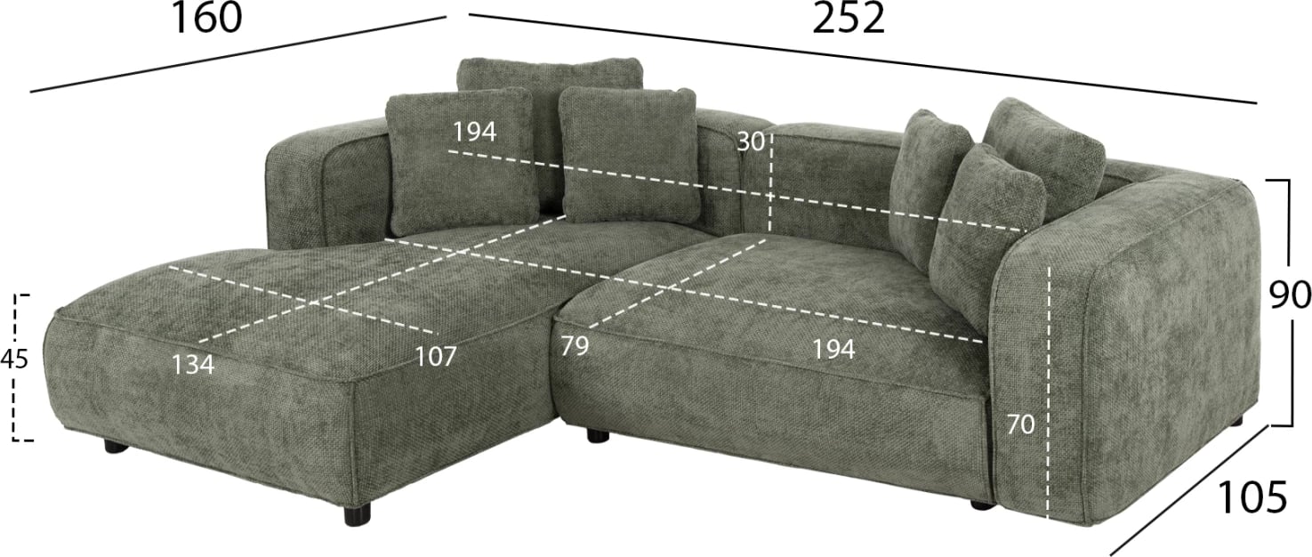 Divan qoshe majtas 3-vendësh GRACE FH3280.05L, pëlhurë jeshile, 252x105-160x70-90H cm