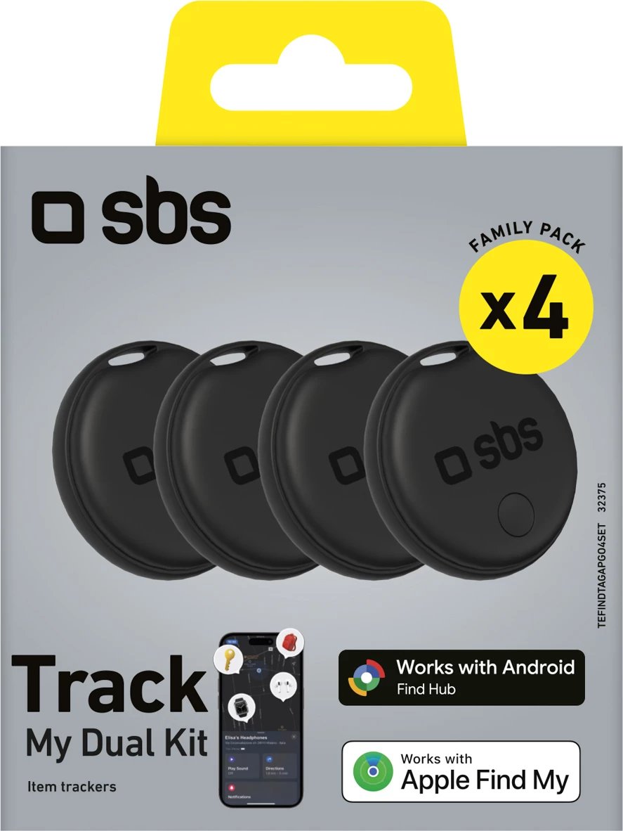 Lokator gjurmues Bluetooth, SBS Track My Dual, kompatibil me iOS/Android, rreze 20 m, alarm 60 dB, bateri CR2032, e zezë, set 4 copë