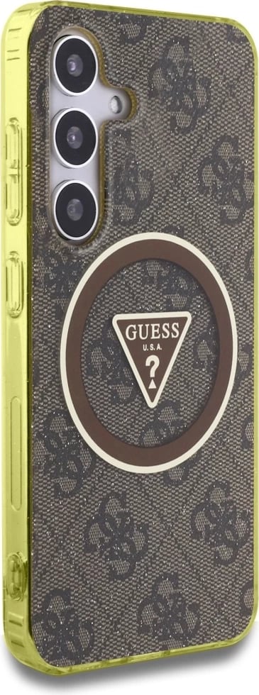 Mbështjellës Guess 4G Glitter Triangle Buttons MagSafe për Samsung Galaxy S25, Kafe Mbështjellës Guess 4G Glitter Triangle Buttons MagSafe për Samsung Galaxy S25, Kafe
