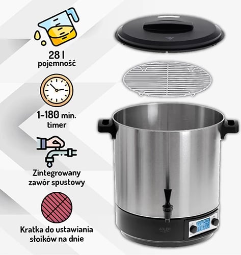 Tenxhere elektrike për pasterizim, Adler AD 4496, 28 L, LCD, termostat 30-100°C, rubinet i integruar, 2000-2600W, inox Tenxhere elektrike për pasterizim, Adler AD 4496, 28 L, LCD, termostat 30-100°C, rubinet i integruar, 2000-2600W, inox