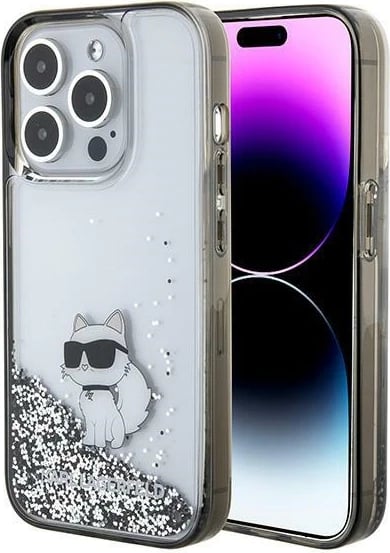 Mbështjellës Karl Lagerfeld Liquid Glitter Choupette për iPhone 15 Pro Max, Transparent/Silver