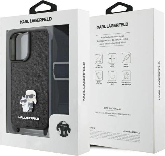 Mbështjellës Karl Lagerfeld Saffiano Karl&Choupette Metal Pin me rrip, për iPhone 16, Zi