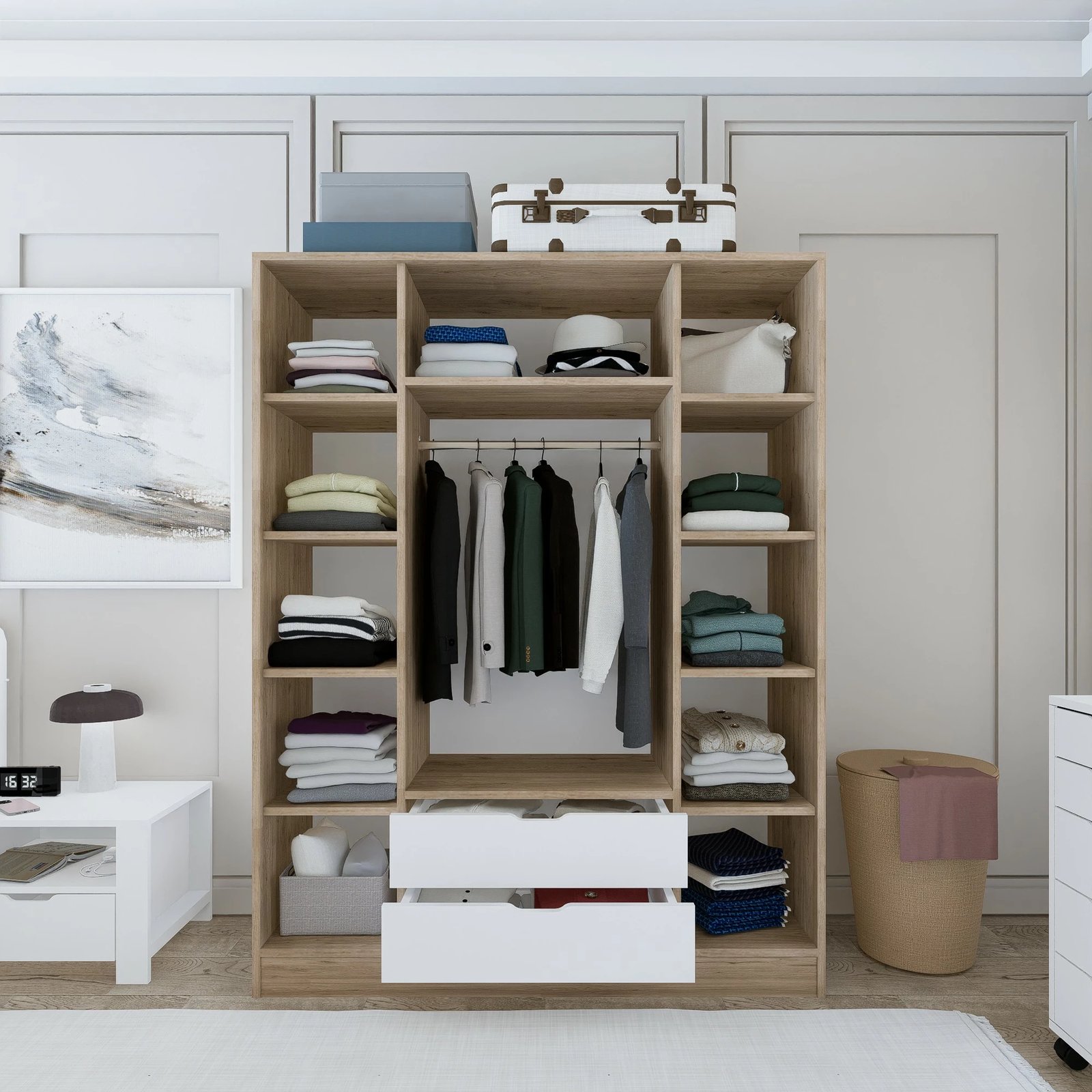 Dollap rrobash Skye Decor, Nisan 1600-018, ngjyrë arrë e çelët dhe e bardhë