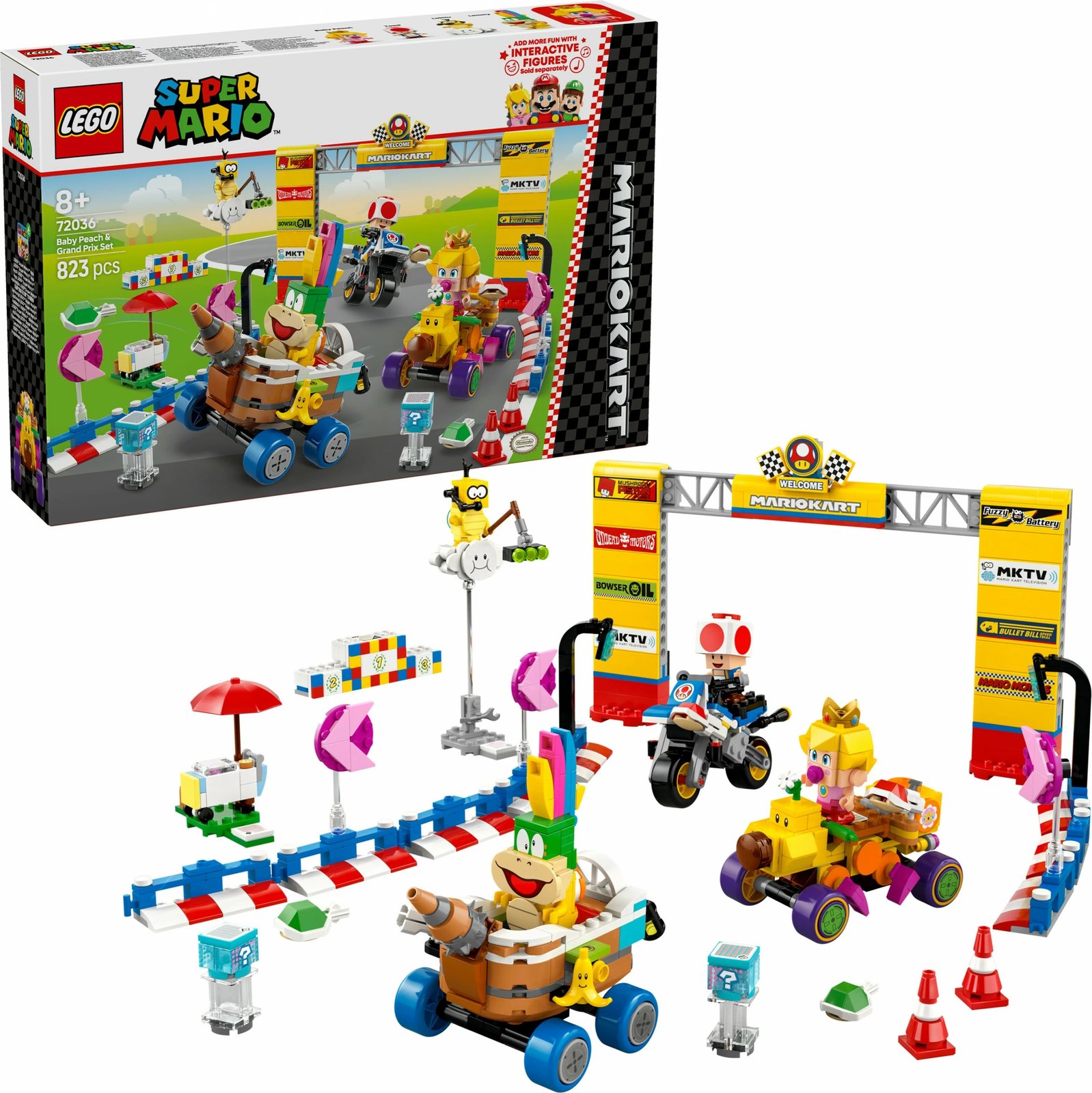 Set ndërtimi LEGO Super Mario Mario Kart Baby Peach & Grand Prix 823 pjesë, multingjyrësh