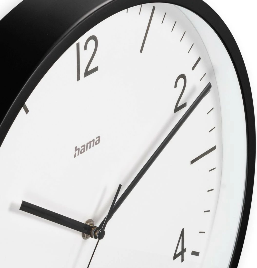 Orë muri, Hama, 185887, 30 cm, radio-kontroll DCF, mekanizëm i qetë, higrometër/termometër, xham, AA, e zezë/e bardhë
