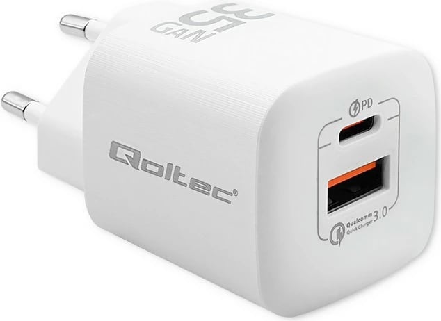 Mbushës muri Qoltec 50763, 35W, GaN, 1x USB Type C PD, 1x USB, Bardhë