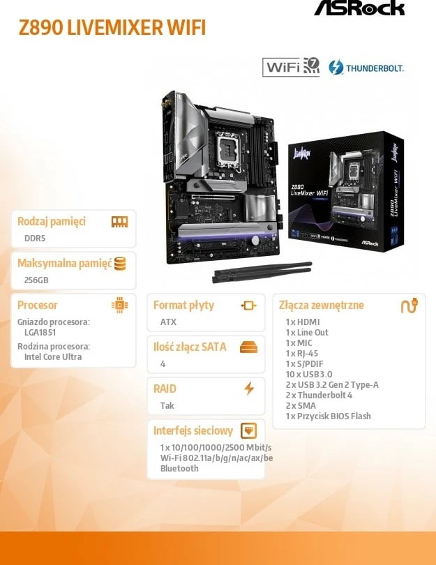 Pllakë amë ASRock Z890 LiveMixer WiFi ATX, LGA1851, DDR5, PCIe 5.0, Thunderbolt 4, Wi‑Fi 7