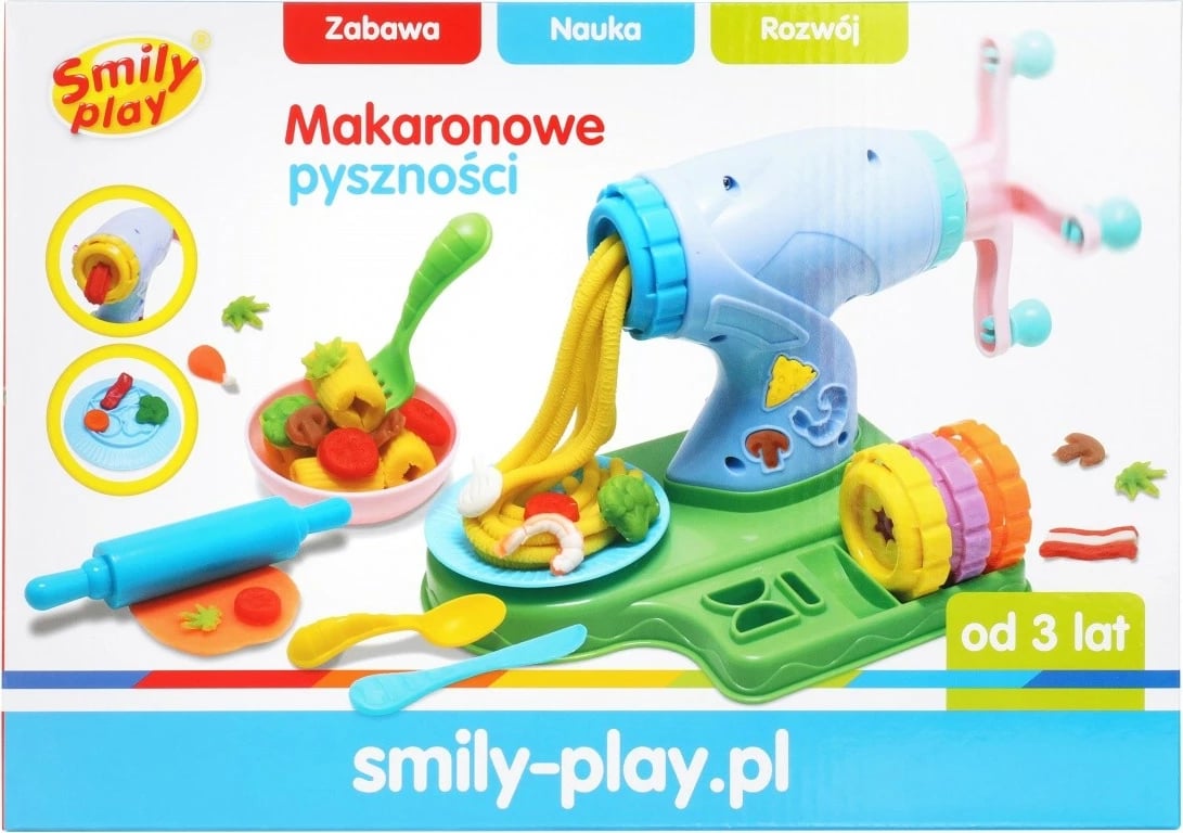 Set plastelinash Smily Play SP83937 me makinë makarona, 3 ngjyra, me vegla dhe aksesorë