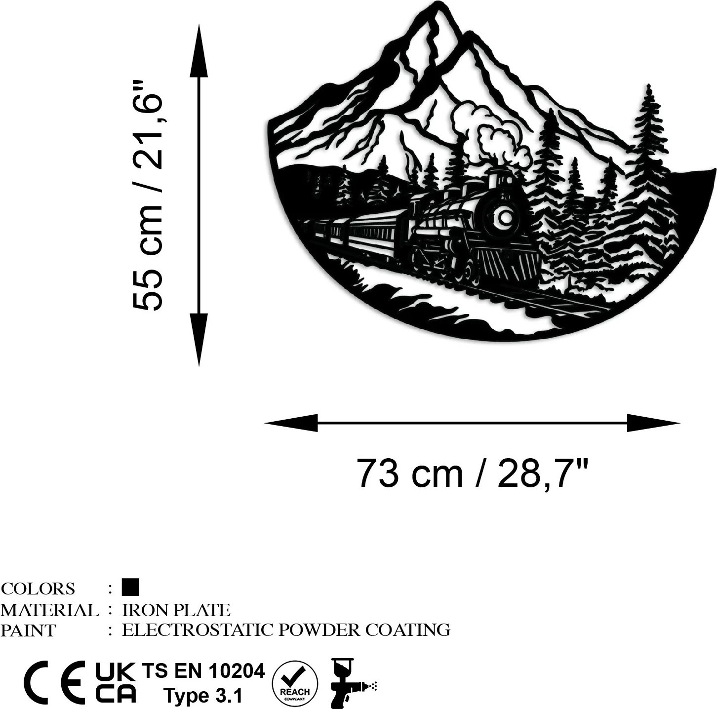 Aksesor dekorativ metalik për mur, tren, Wallity, ngjyrë e zezë, 55x73cm