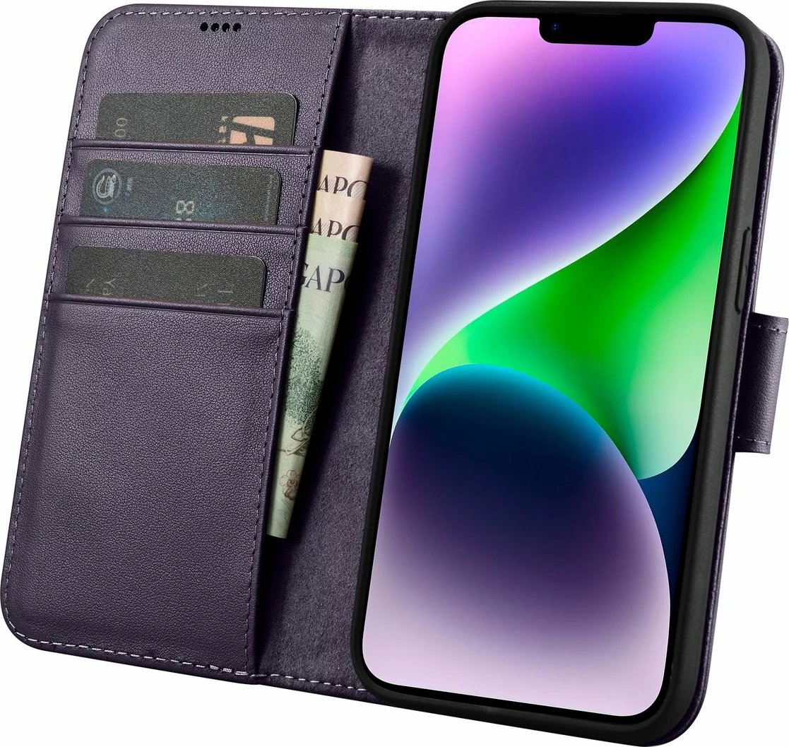 Mbështjellës iCarer Wallet Case 2in1 për iPhone 14 Plus, lëkurë natyrale, Anti-RFID, Vjollcë e errët