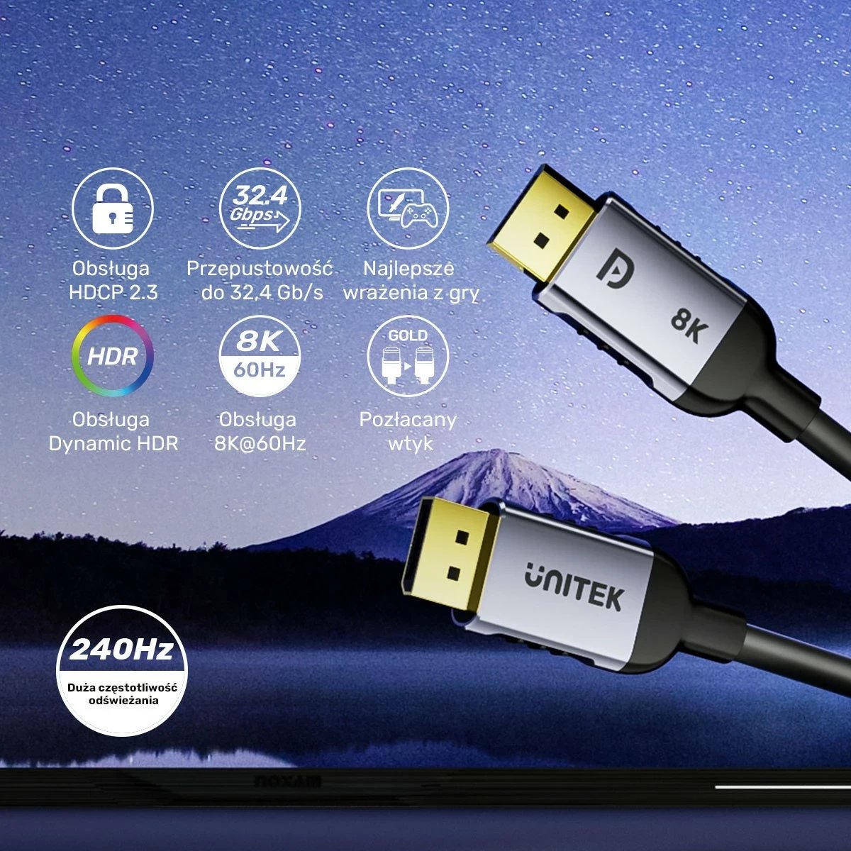 Kabel DisplayPort Unitek 1.4 8k 60hz, 4k 240hz, 1m, ngjyrë zi-argjendtë
