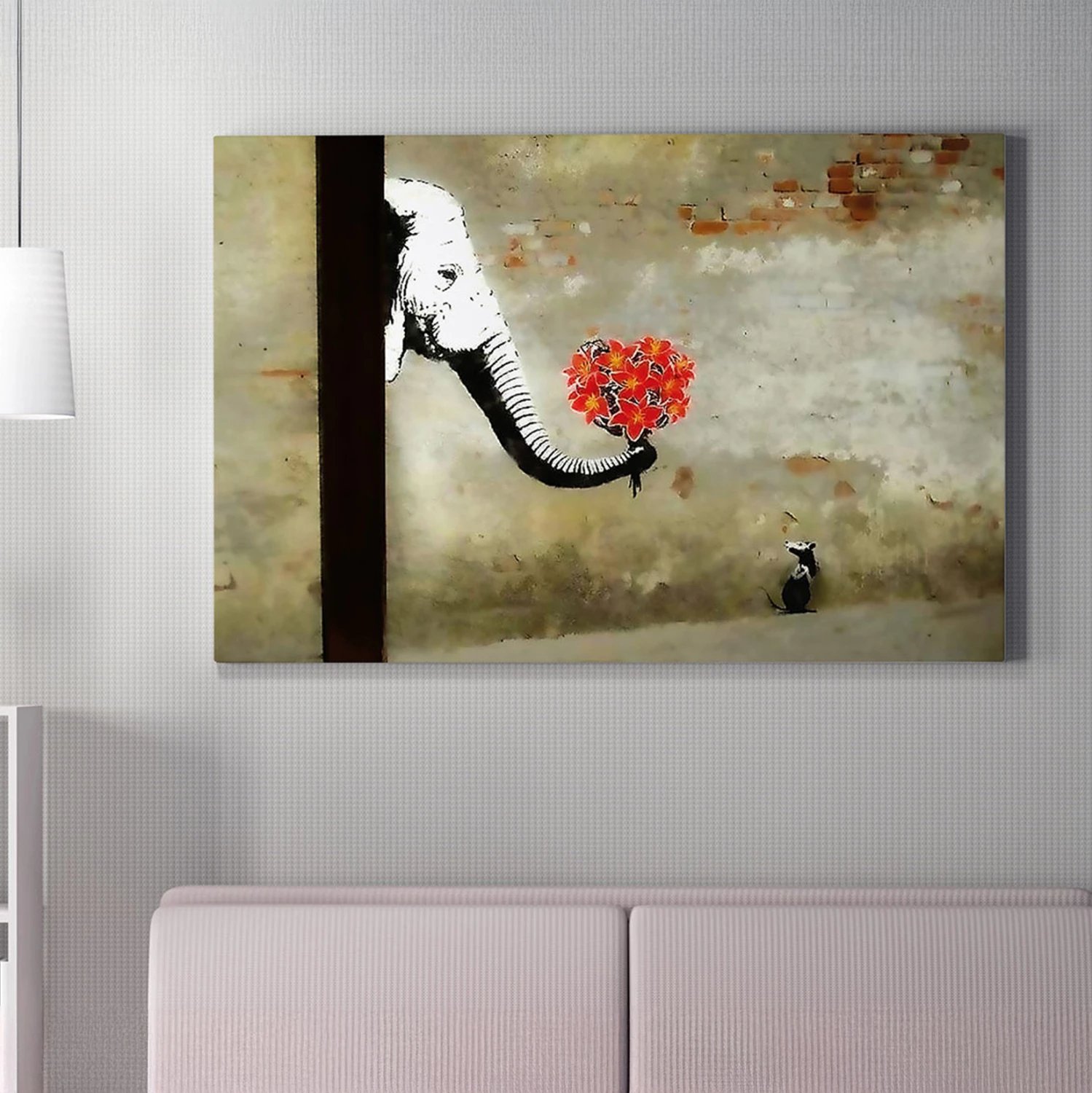 Pikturë muri GOBI, elefant me lule të kuqe, kornizë druri, 70x3x50cm