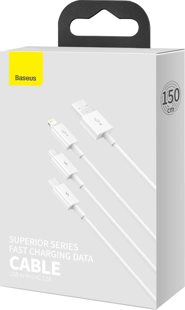 Kabllo Baseus Superior Series P10320105221-01, USB-A në USB-C/Lightning/micro USB, 0.5m, Bardhë