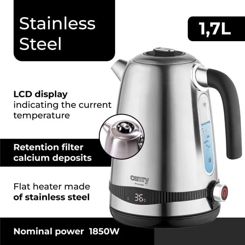 Çajnik elektrik, Camry, CR1291, 1.7L, ekran LCD dhe rregullim temperature 40-100°C, funksion Keep Warm 2h, 1850-2200W, inox