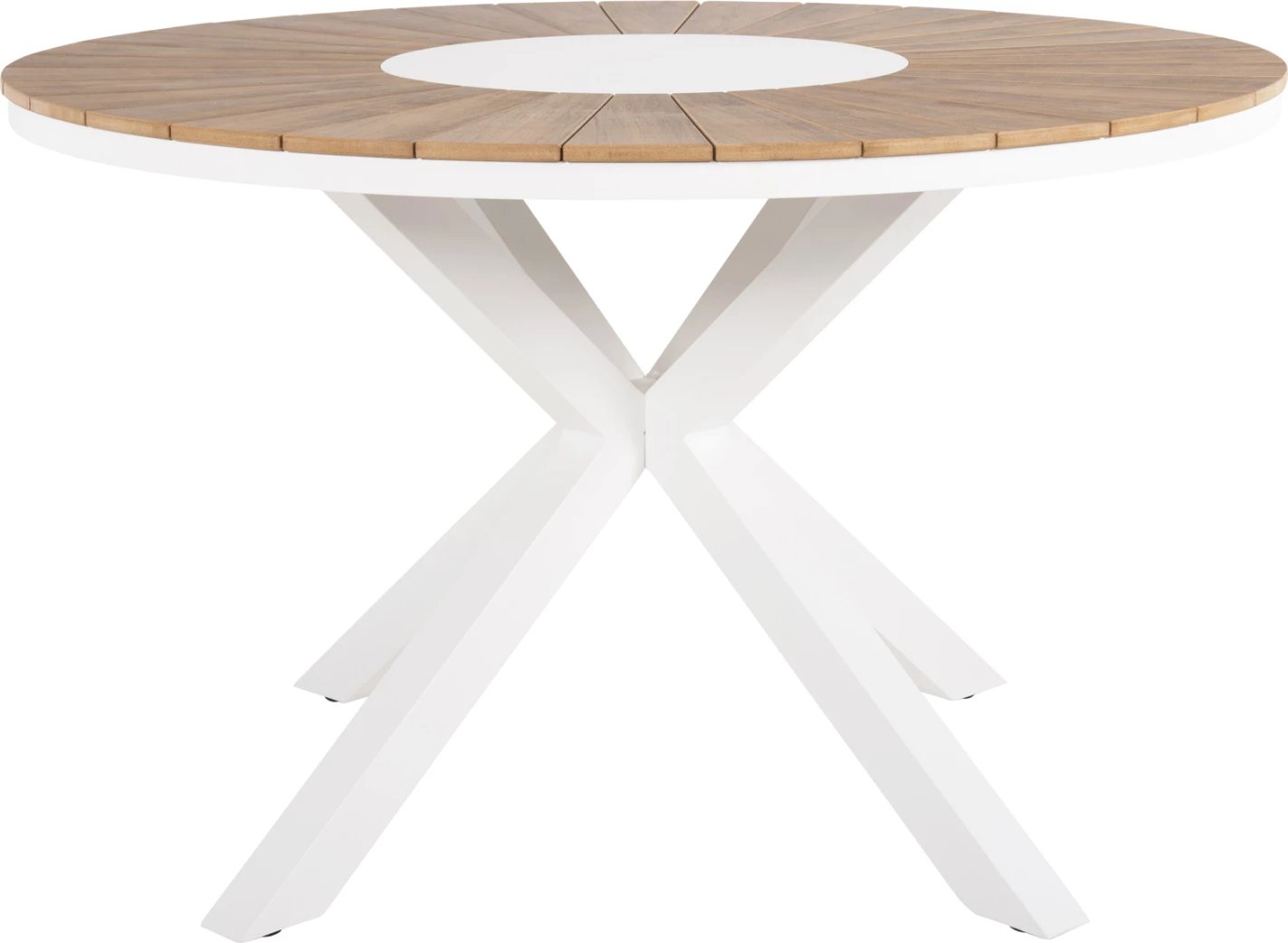 Tavolinë e rrumbullakët për jashtë, MORIL FH6041.02, alumin në të bardhë, polivud në ngjyrë druri natyral, Φ120cm