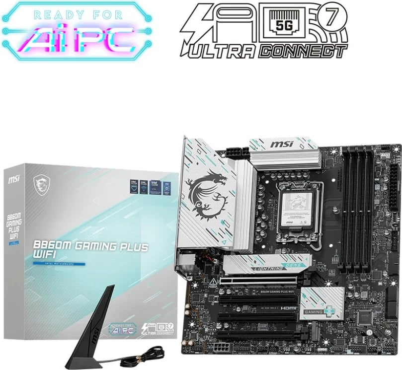 Pllakë amë MSI B860M GAMING PLUS WIFI, LGA1851, DDR5, micro ATX, Wi-Fi 7, E zezë/argjendtë